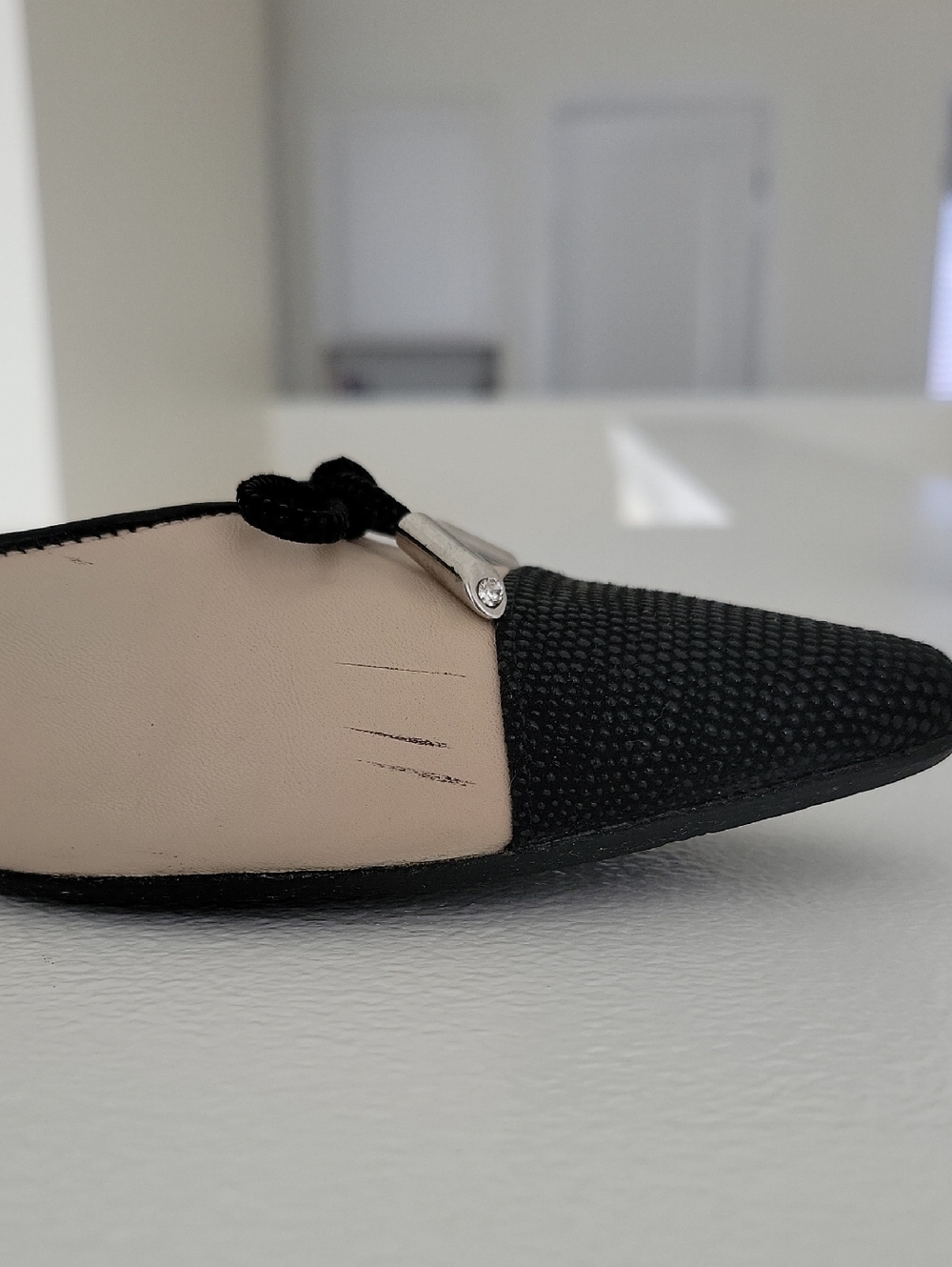 Stuart Weitzman Cream and Black Pointed Toe Bow Flats - Picture 12 of 13